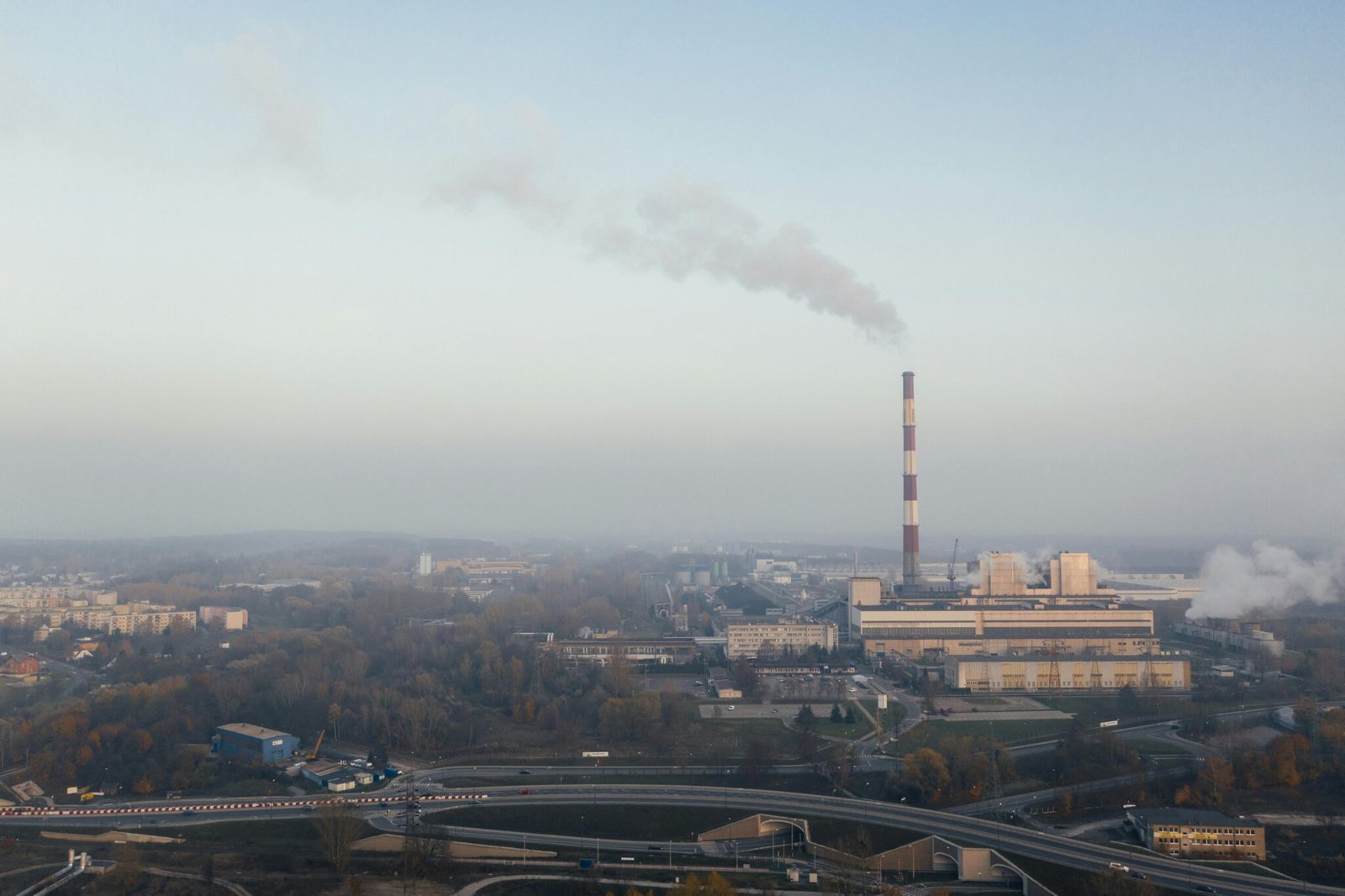 A drone over an industrial landscape, an aerial view of refinery infrastructure and technology.