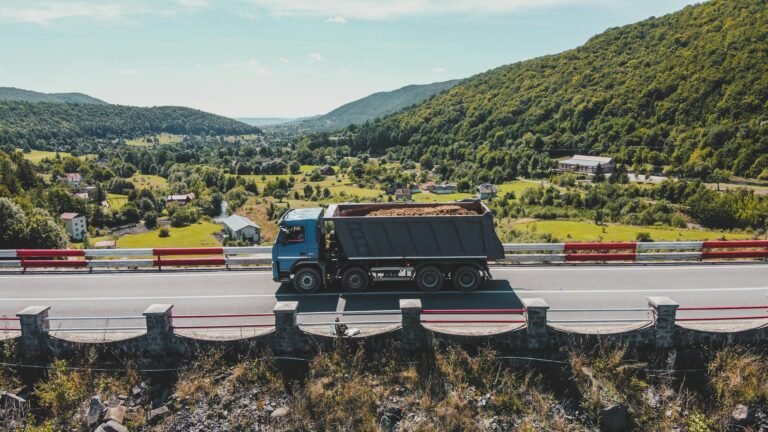 Blue truck driving on a mountain highway in Romania, with a scenic landscape view.