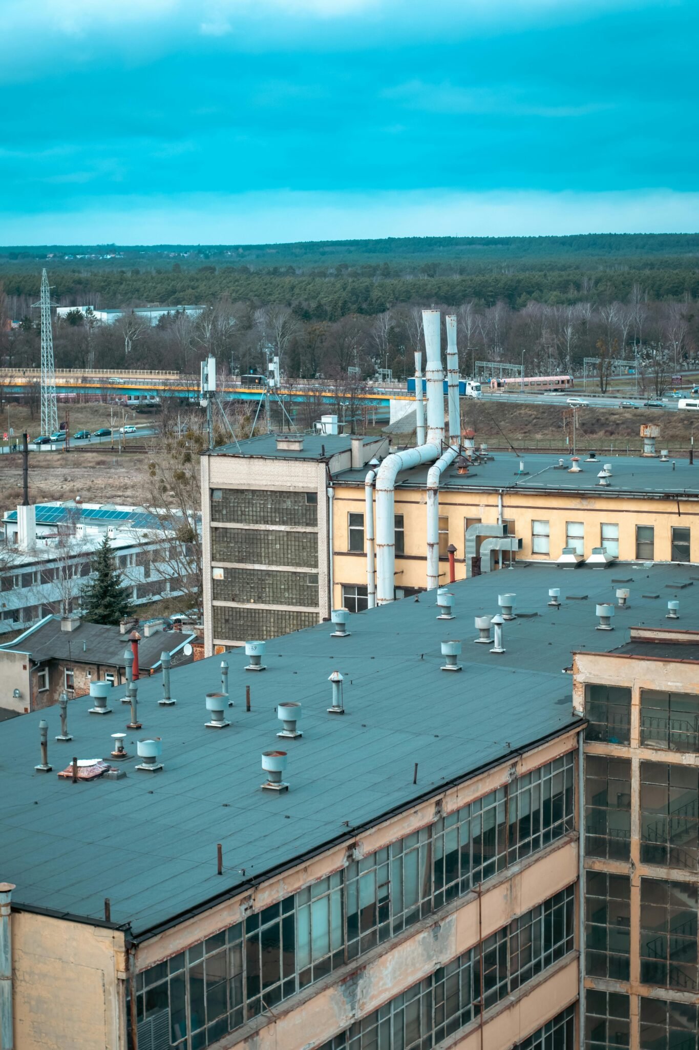 A drone in an aerial view illustrating industry growth and innovation through technology.