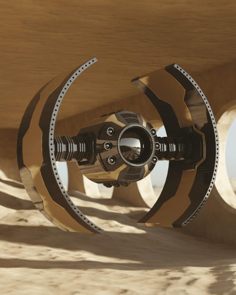 A close-up of a modern drone with metallic design hovering near a sandy background.