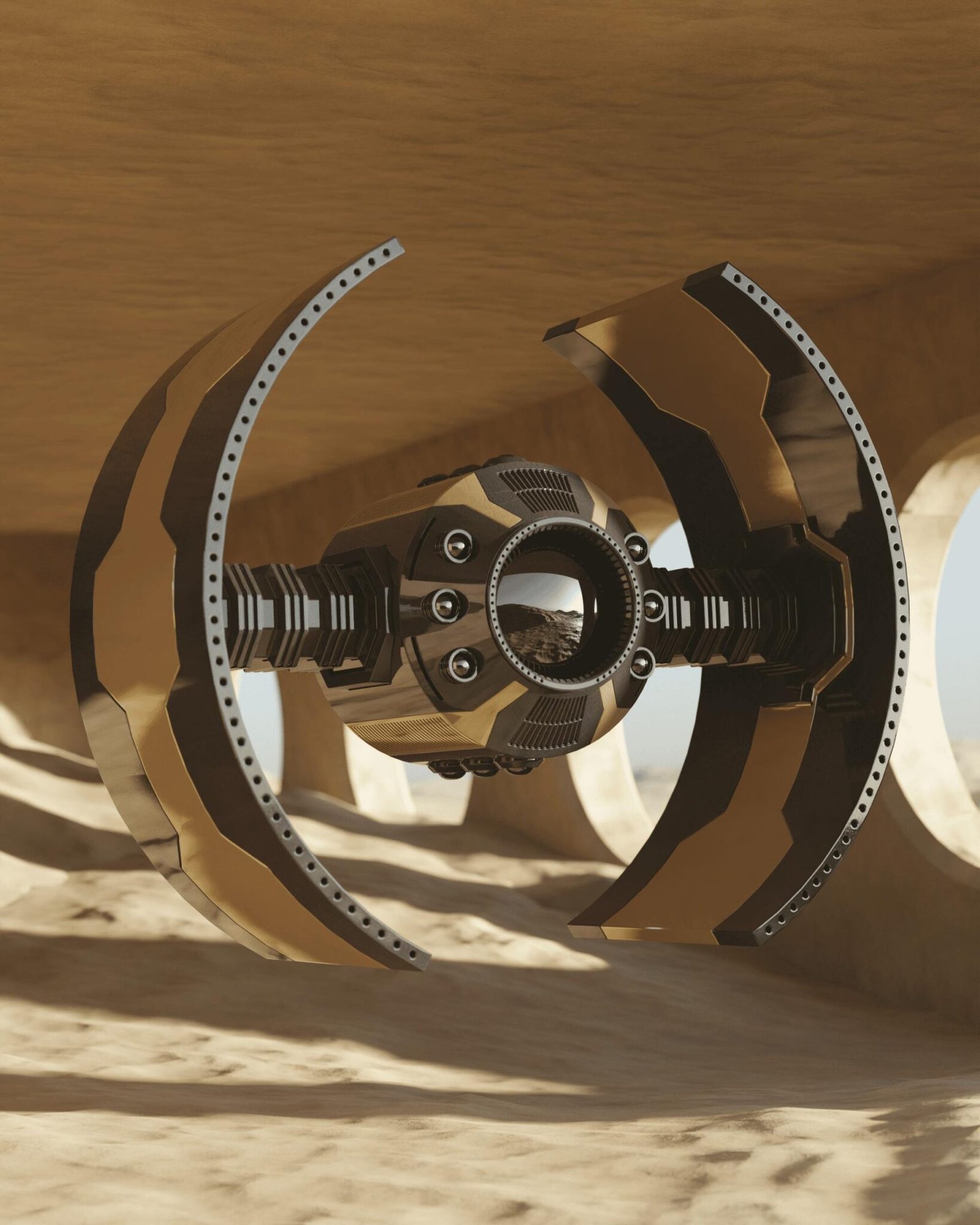 A close-up of a modern drone with metallic design hovering near a sandy background.